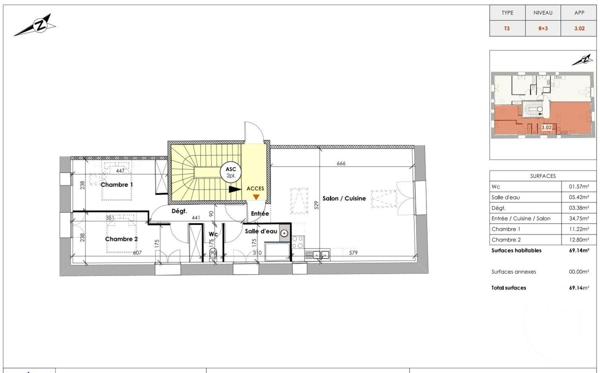 Appartement T3 à vendre  3 pièces - 69,14 m2 CLERMONT L HERAULT - 34