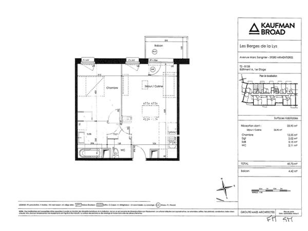Location Appartement 2 pièces 45.73 m² - RESIDENCE LES BERGES DE LA LYS - 2 AVENUE MARC SANGNIER PORTE B108 Armentieres 59280