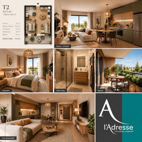 Beau T2 Neuf de 42,30 m² avec balcon (9 m²) & stationnement inclus