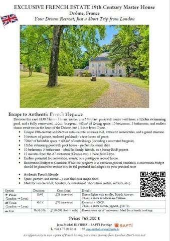 (1633 / 1000) ? :   Une escapade au cœur de l'élégance française authentique ! Située aux portes de la Drome et de l’Ardèche sur la commune de Moras-en-Valloire à un quart d’heure de la sortie « Chanas » et seulement à une heure de Lyon, je vous invite à découvrir ce domaine d’exception.