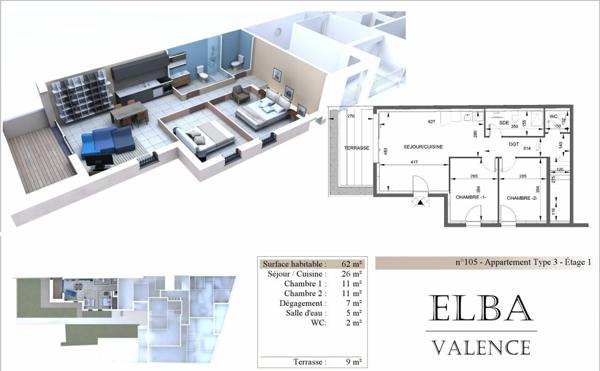 Appartement à vendre    3 pièces • 62 m2 Valence