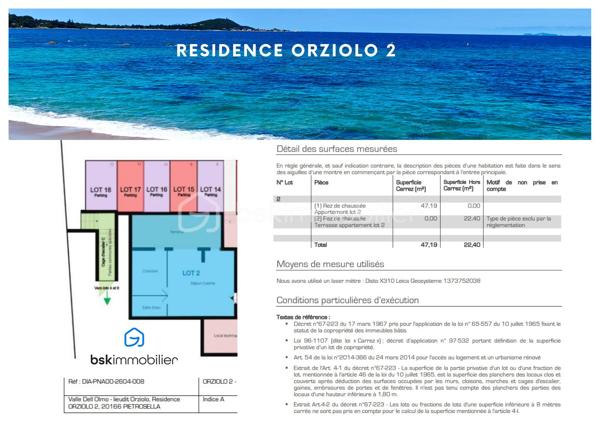 Corse - Rive sud d’Ajaccio à Pietrosella- Résidence ORZIOLO 2. Appartement neuf T2 de 47 m2 + terrasse de 22 m2, situé à 3 km de la mer. et proche des commerces !

Ventes Corse Rive sud d’Ajaccio à Pietrosella- BSK Immobilier vous propose dans une résidence de standing de 6 logements à usage d’habitation idéalement situé, à 3 km de la mer et proche des commerces et disposant d’une jolie vue dégagée sur le maquis Corse.

Lot A02:  Un appartement neuf de type T2 de 47 m2 + terrasse de 22 m2, situé en Rez-de chaussée, localisation façade à droite.
Ce logement offre tout le confort, il comprend une pièce de vie permettant d’accueillir un salon et séjour, une cuisine ouverte aménagée, une chambre, une salle d’eau et un WC. 

Équipements intérieurs de qualité fournis : Chauffage - climatisation, ballon thermodynamique, volets roulants alu électriques, grandes douches avec parois vitrées et WC suspendus. Les menuiseries extérieures sont en alu et en double vitrage, les baies vitrées font entre 3 et 4 mètres avec une hauteur de 2.25m ce qui offre une belle luminosité dans les pièces.

Chaque logement dispose de deux places de stationnement à l’air libre.
Situé, à 3 km de la plage de Pietrosella et proche des commerces ; Pharmacies, alimentations, poste, tabac/presse à moins de 5 km .. et à 30 minutes de l’Aéroport d’Ajaccio Napoléon Bonaparte.

Dans le cadre des visites il vous sera demandé la présentation d'une pièce d’identité à chaque visiteur majeur, conformément à l’article L.561-5 du Code monétaire et financier. 

VENTE Corse Rive sud d’Ajaccio à Pietrosella- Lot A02 résidence ORZIOLO 2.
Appartement T2 neuf de 47 m2 + terrasse de 22 m2; Prix 249 000 euros, honoraires charge vendeur inclus - réf. 229946 BSK Immobilier - DOMINIQUE LARROCHE – 06 28 04 74 47 - Agent Commercial - RSAC N° 378 428 684 - Ville du greffe : AJACCIO -