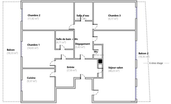 6ème et dernier étage - Appartement T5 + 2 terrasses de 18 m² chacune + 1 cave + 2 parkings boxés côte à côte