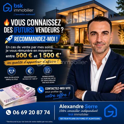 Maison 175 m² – Terrain plat 2082 m² – Saint-Just-Saint-Rambert côté saint rambert proche de la place du marché 
Située dans un secteur résidentiel recherché de Saint-Just-Saint-Rambert, cette maison individuelle construite en 1990 offre de beaux volumes et un cadre de vie agréable, à proximité des commodités.
Elle développe environ 175 m² habitables et est implantée sur un grand terrain plat de 2 082m², rare sur le secteur.
La maison se compose notamment de :

• Salle à manger : 28 m²
• Salon : 13 m²
• Cuisine indépendante : 11,5 m²
Espace nuit
• Chambre 1 : 11,3 m²
• Chambre 2 : 15,7 m²
• Chambre 3 : 13,1 m²
• Chambre 4 : 20,5 m²
• Bureau : 14,9 m² (idéal télétravail ou chambre supplémentaire)

La maison dispose également de :
• 2 salles de bains
• 3 WC
• Cellier de 11 m²
• Plusieurs espaces de rangement.

Annexes
• Grand garage d’environ 52 m², offrant un espace confortable pour stationnement ou atelier.

Confort
• Pompe à chaleur air/eau
• Double vitrage PVC
Les + qui font la différence
✔ Terrain plat de 2 082m²
✔ Beaux volumes intérieurs (175 m² habitables)
✔ 4 chambres + bureau
✔ Grand garage
✔ Secteur calme et apprécié
Une maison idéale pour une famille recherchant de l’espace, du terrain et un environnement agréable, tout en restant proche des écoles et des commerces.En terme d'énergie une pompe à chaleur font de ce bien un logement économe et performant. N'attendez plus elle est faîte pour vous!!! la vidéo est sur mon site Alexandre serre BSK Immobiler.