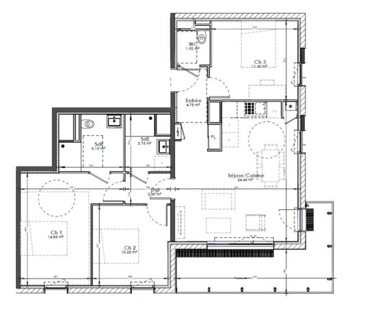 appartement neuf T4 à vendre ROUEN rive droite, surface 79.05 m2 + balcon 13.10 m2.