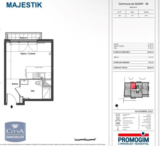 Appartement à louer 1 pièce 24.44m² Gagny (93220)