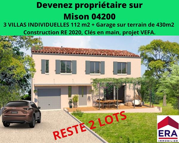 Villa neuve de 112 m², jardin et garage sur un terrain de 445m², 04200 Mison