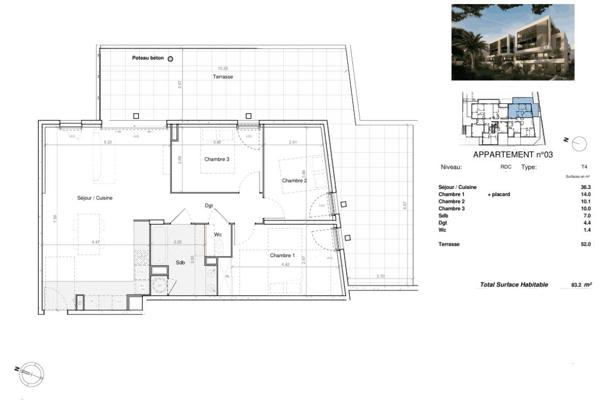 T4 de plus de 83 m², avec terrasse d'angle de 52 m² exposée Sud-Est, proche Espace BRASSENS