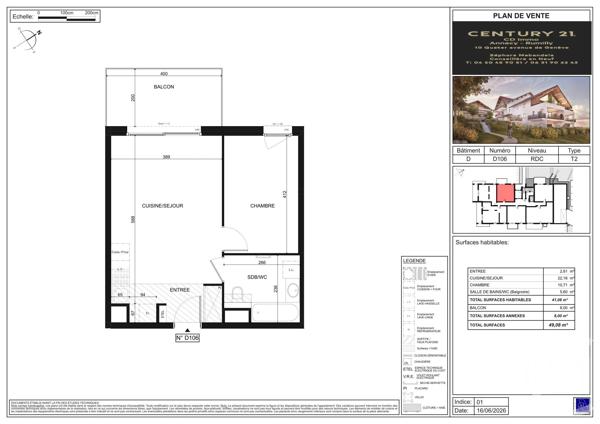 Appartement T2 à vendre  2 pièces - 41,08 m 2   POISY  - 74