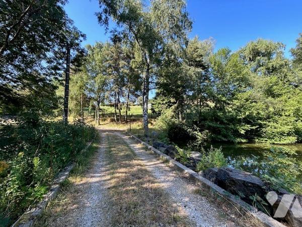 Maison dans la nature avec étang et piscine couverte.