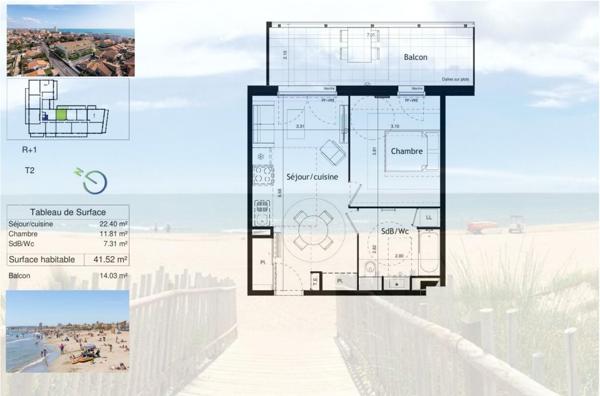 T2 lumineux de plus de 41 m², exposé Est, avec parking privatif, à 150 m de la plage