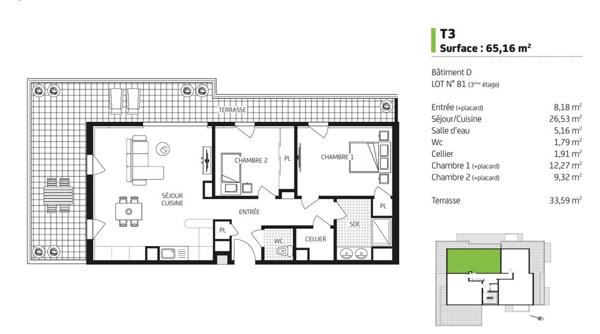 Appartement de type 3 au dernier étage avec belle terrasse sur Carquefou
