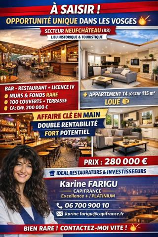 Dpt Vosges (88), à vendre secteur NEUFCHATEAU - MURS & FONDS BAR RESTAURANT IMMEUBLE