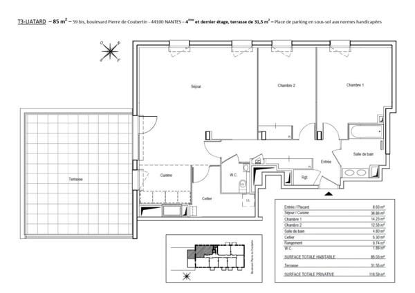 Appartement à louer 3 pièces - 85 m²