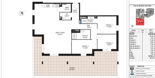 A vendre T4 de 107m² avec grande terrasse de 66m² au coeur du centre ville de Segré