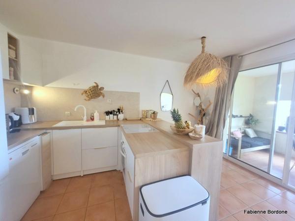 Appartement de 42 m2 rénové, avec jardin, deux climatisations, une chambre, une chambre cabine, une buanderie, un salle d'eau, loggia terrasse, place de parking