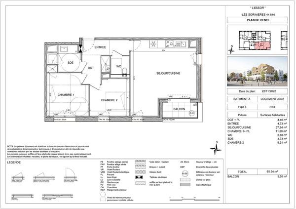 Appartement Les Sorinieres 4 pièce(s) 90.26 m2  TERRASSE EXPO S/E