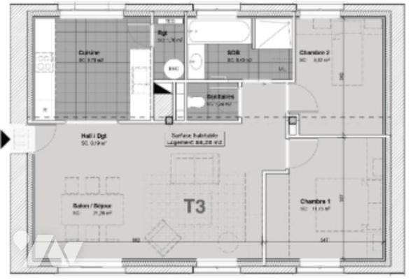 Appartement  T 3 
1 cave  - 2 places parking
Possibilité d'un garage à un tarif préférentiel
