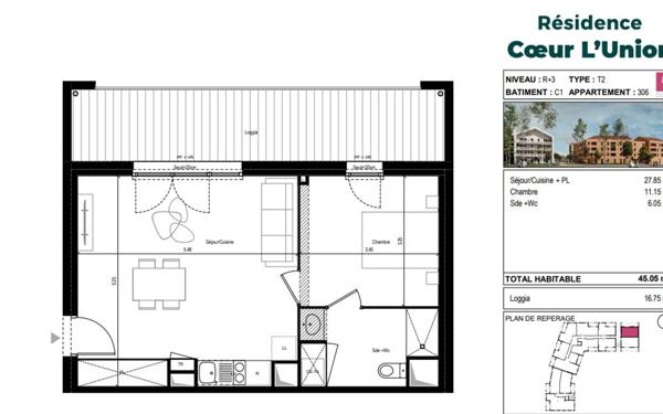 Appartement à vendre    2 pièces • 45,05 m2 L'Union