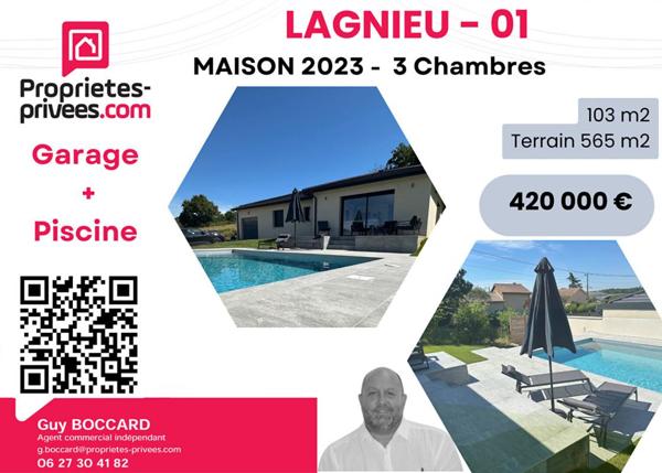 Maison Lagnieu 103 m2, 3 chambres, Garage, Piscine