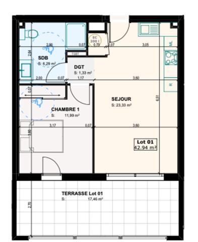 Dpt Corse (20), à vendre Sainte Lucie de PORTO VECCHIO appartement T2 de 42,94 m² - terrasse de 17,46 m2