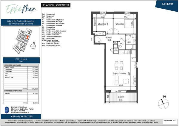 Vente VEFA T3 71,1m2 avec parking