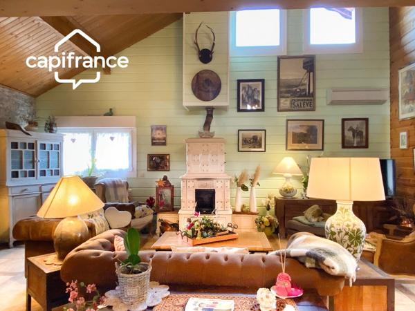 01300 CUZIEU MAISON BOIS MASSIF TYPE CHALET, 146 m² ,PLAIN-PIED TERRASSE, GARAGE,PISCINE, TERRAIN 1100 M2