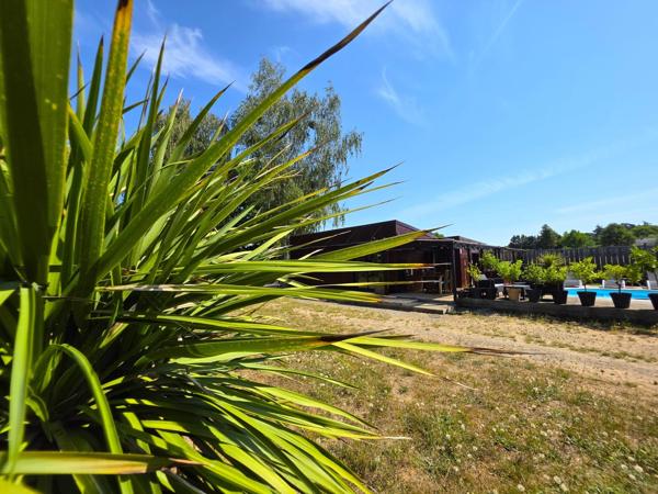 Chalet en bois, de plain pied, au coeur de la campagne baugeoise, avec sa piscine et son étang de pêche