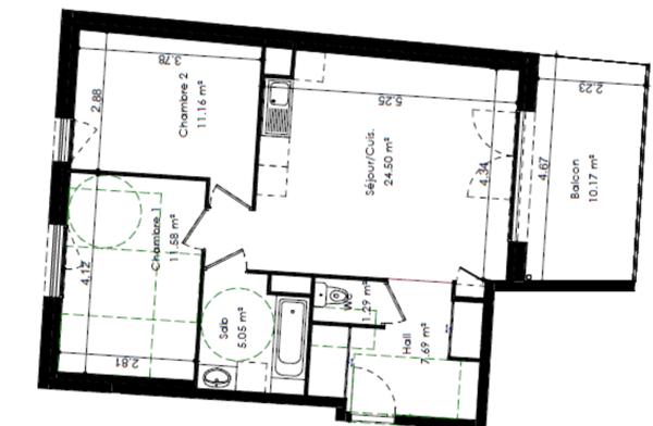 Appartement T3, 61,27 m² avec  grande terrasse