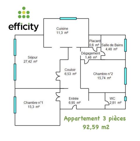 Appartement 3 pièces - 93 m² Exclusivité efficity