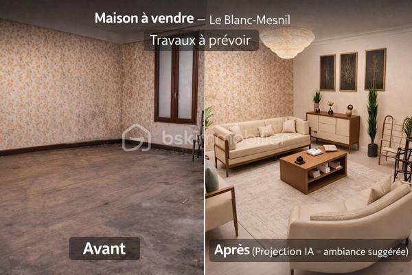 Maison individuelle ancienne (avant 1948) située au Blanc-Mesnil, édifiée sur une parcelle de 416 m², comprenant un jardin extérieur de 300 m² non constructible.

Le bien développe une surface totale d’environ 60 m², dont 39,49 m² reconnus en surface habitable.

La partie habitable se compose d’une pièce principale de type salon-séjour, d'une cuisine, d’une salle de bains et de WC séparés.

Les surfaces complémentaires sont actuellement considérées comme dépendances / grange, non comptabilisées en surface habitable, offrant un potentiel d’aménagement sous réserve des règles d’urbanisme en vigueur.

🔧 Travaux à prévoir.
💡  Idéal pour un acquéreur averti, un projet de rénovation ou une résidence principale avec jardin.
📞 Pour plus d’informations ou organiser une visite, contactez-moi.