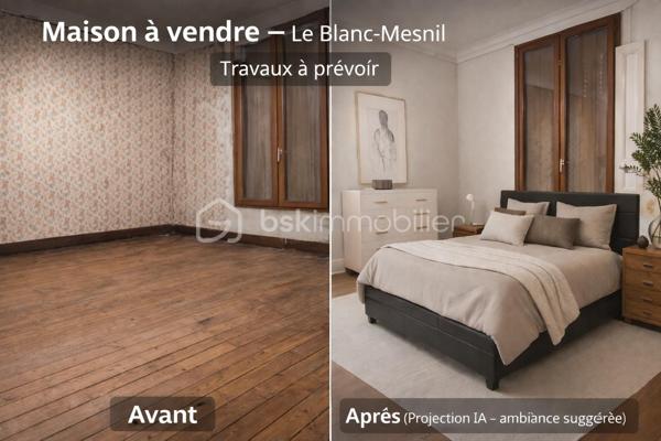 Maison individuelle ancienne (avant 1948) située au Blanc-Mesnil, édifiée sur une parcelle de 416 m², comprenant un jardin extérieur de 300 m² non constructible.

Le bien développe une surface totale d’environ 60 m², dont 39,49 m² reconnus en surface habitable.

La partie habitable se compose d’une pièce principale de type salon-séjour, d'une cuisine, d’une salle de bains et de WC séparés.

Les surfaces complémentaires sont actuellement considérées comme dépendances / grange, non comptabilisées en surface habitable, offrant un potentiel d’aménagement sous réserve des règles d’urbanisme en vigueur.

🔧 Travaux à prévoir.
💡  Idéal pour un acquéreur averti, un projet de rénovation ou une résidence principale avec jardin.
📞 Pour plus d’informations ou organiser une visite, contactez-moi.