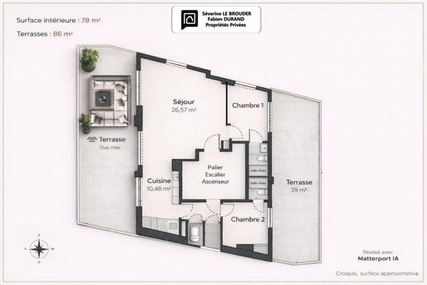 Penthouse 3 pièces 78 m²  - 86 m² de terrasses -Vue mer & Palais des Festivals