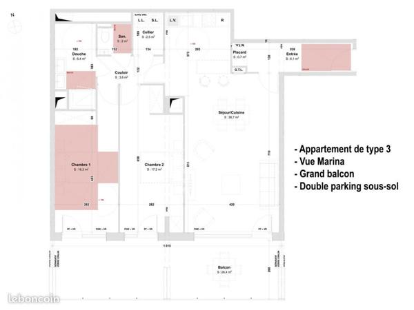 Appartement Marina Dunkerque 94 m2 balcon et double parking