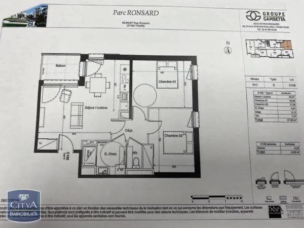 Appartement à louer 3 pièces 57.52m² Tours (37100)
