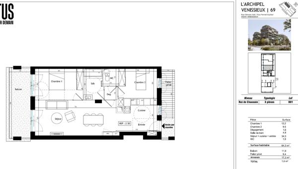 Vénissieux (69200) BRS - T3 64 m2 avec balcon 11 m2