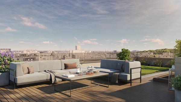 appartement T4 neuf à vendre PARIS 20e, surface habitable 99.00 m2 + loggia 6.90 m2 + rooftop 29.70 m2.