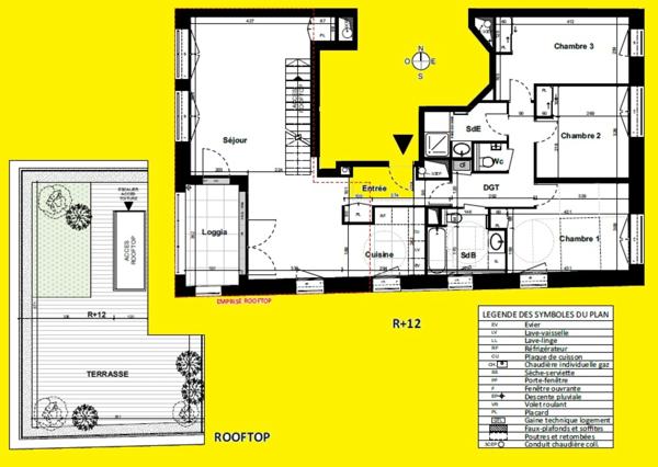 appartement T4 neuf à vendre PARIS 20e, surface habitable 99.00 m2 + loggia 6.90 m2 + rooftop 29.70 m2.