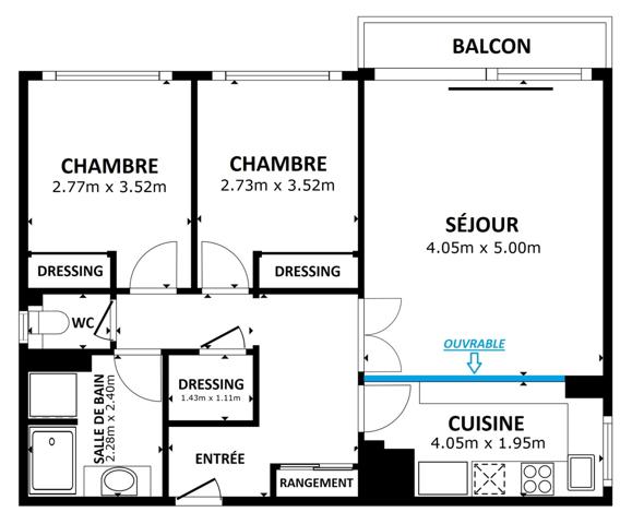 3 pièces 64 m² avec parking