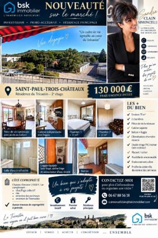 🏡 UNE OPPORTUNITÉ À DÉCOUVRIR À SAINT-PAUL-TROIS-CHÂTEAUX !
Situé au 2ᵉ étage de la Résidence du Tricastin, cet appartement F4 d’environ 75 m² bénéficie d’un emplacement pratique, au calme et à proximité immédiate du centre-ville, des écoles et des commerces.
Dès l’entrée, vous découvrirez une pièce de vie lumineuse ouvrant sur un agréable balcon avec une vue dégagée.
La cuisine, indépendante, donne accès à une loggia fonctionnelle, équipée notamment d’un réfrigérateur-congélateur, d’un lave-linge, d’un sèche-linge et d’un adoucisseur d’eau récent.
Côté nuit : 🛏️ 2 chambres d’environ 11 m² avec rangements
🚿 Salle d’eau avec douche
🚽 WC séparés
📦 Espace rangement / cellier
Les + du bien : ✨ Climatisation réversible récente
✨ Double vitrage
✨ Balcon + loggia
✨ Belle luminosité
✨ Nombreux rangements
✨ Possibilité de conserver le mobilier
✨ Aucun travaux de copropriété à prévoir
Un rafraîchissement est à envisager afin de moderniser certaines pièces et de personnaliser l’appartement selon vos envies.
💰 130 000 € frais d’agence inclus
Charges de copropriété : environ 2 000 € / an, comprenant notamment le chauffage collectif, l’eau et l’entretien des parties communes et extérieures.
🔑 Un bien qui peut répondre à différents projets :
🏠 Résidence principale
🌱 Premier achat
📈 Investissement locatif
📍 Saint-Paul-Trois-Châteaux – Au cœur du Tricastin

📞 Sandra Clain Simoncelli – BSK Immobilier
06 67 88 56 18
📧 s.simoncelliclain@bskimmobilier.com
Une visite ? Parlons-en. 🤍
DPE en cours