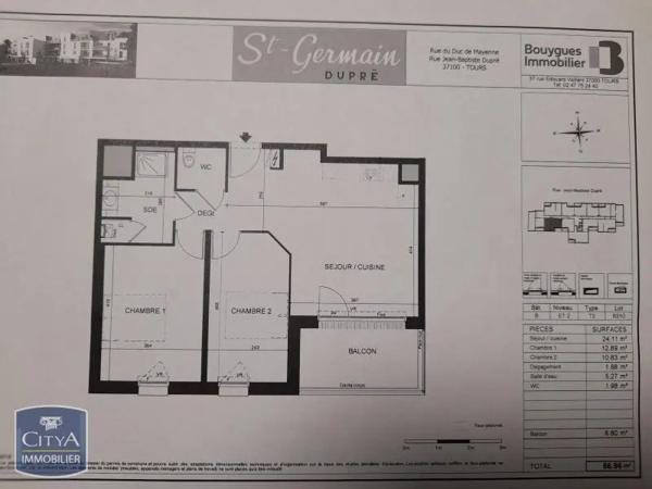 Appartement à louer 3 pièces 56.96m² Tours (37100)