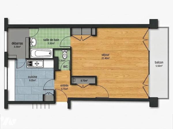 Appartement F1bis - cave et stationnement 