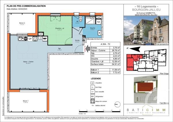 Appartement T2 à vendre  2 pièces - 54,91 m2 BOURGOIN JALLIEU - 38
