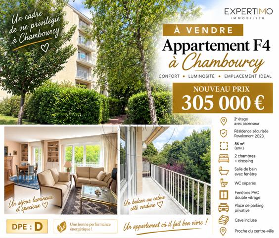 EXCLUSIVITÉ - F4 de 86 m² avec balcon plein sud, cave et parking - Chambourcy centre.