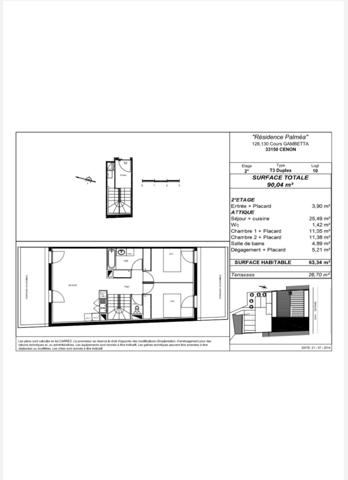 Cenon (33150) - T3 de 64m2, terrasses, pkgs