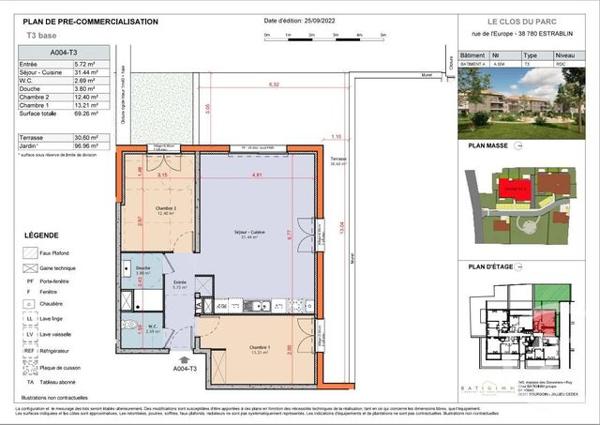 appartement à vendre 3 pièces - 69,31 m2 ESTRABLIN - 38