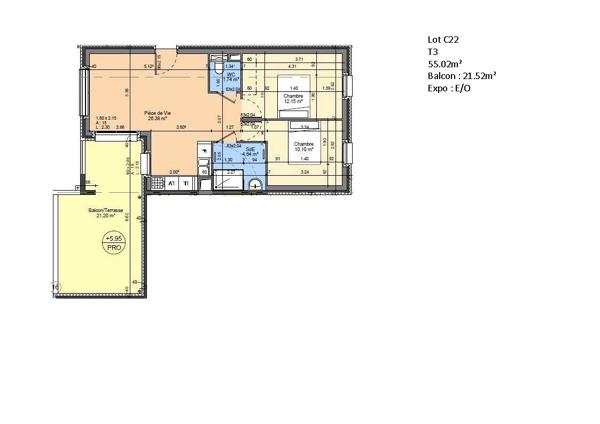 Appartement La Chapelle Sur Erdre 3 pièce(s) 56.04 m2 BALCON DE 21.52