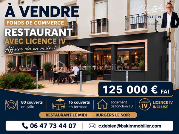 Christophe Debien – BSK Immobilier vous propose à la vente ce fonds de commerce de restaurant – burgers, idéalement situé au sud du secteur de Montaigu-Vendée, au cœur d’une commune dynamique d’environ 3 700 habitants.

L’établissement bénéficie d’un emplacement intéressant et d’une zone de chalandise d’environ 25 000 habitants à moins de 10 minutes. Il s’appuie sur une clientèle locale et touristique et développe un chiffre d’affaires annuel stable supérieur à 230 000 €.

L’activité se répartit actuellement entre environ 90 % de restauration sur place et 10 % de vente à emporter.

206 M² – 96 COUVERTS – LOGEMENT DE FONCTION T3 DE 49 M²

D’une surface exploitable d’environ 206 m², l’établissement offre une capacité totale d’environ 96 couverts :
• 80 couverts en salle
• 16 couverts en terrasse

Un logement de fonction de type T3 d’environ 49 m² complète l’ensemble. Celui-ci nécessite un rafraîchissement, tout en constituant un atout complémentaire pour le futur exploitant.

La cuisine, fonctionnelle, dispose du matériel nécessaire à l’exploitation : four, plaque gaz, 4 réfrigérateurs, 2 congélateurs, tables inox, trancheuse, salamandre, four vapeur, friteuse, plancha, bain-marie et hotte.

Le mobilier de salle, comprenant notamment tables, chaises et comptoir, est également inclus.

La tireuse à bière et la machine à café professionnelles sont mises à disposition. La caisse enregistreuse est en location pour environ 100 €/mois.
L’ensemble permet d’envisager une reprise rapide de l’activité.

LICENCE IV – BAIL COMMERCIAL

La Licence IV est comprise dans la cession du fonds de commerce.
L’activité est exploitée dans le cadre d’un bail commercial en cours jusqu’en juillet 2027, pour un loyer mensuel de 1 280 €.

POTENTIEL DE DÉVELOPPEMENT
L’établissement dispose encore de plusieurs axes de développement :
• développement de la vente à emporter,
• mise en place d’un service de livraison,
• optimisation des jours, horaires et services selon le projet du repreneur.

Cette affaire peut convenir à un professionnel de la restauration, à un couple souhaitant reprendre un établissement existant ou à un porteur de projet recherchant une activité immédiatement exploitable.

PRIX : 125 000 € FAI

Prix de vente du fonds de commerce : 125 000 € honoraires inclus
Honoraires à la charge du vendeur : 10 000 € TTC, soit 8 333,33 € HT, représentant 8 % du prix de vente FAI.

Christophe Debien – BSK Immobilier

Informations complémentaires et visites sur demande.
