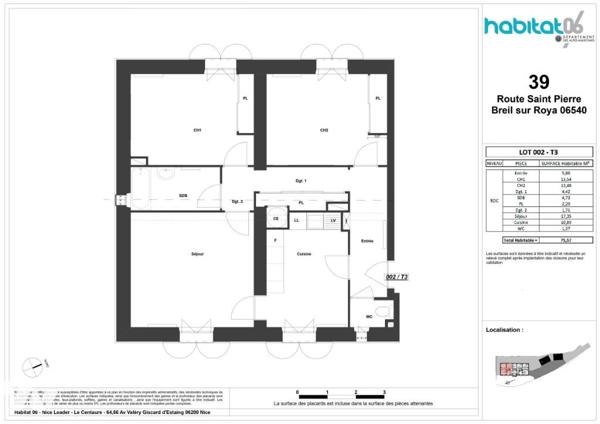 Appartement 3 Pièces de 73,14 m² – Rez-de-chaussée – Breil-sur-Roya - Cave et Parking