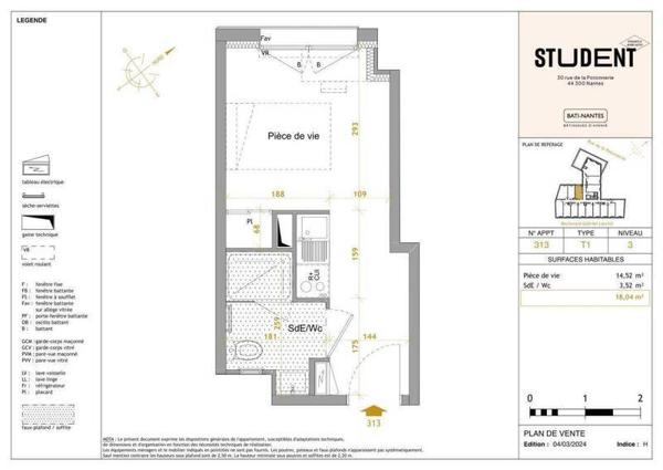 Appartement 1 pièce                                        - 44300 Nantes - Perverie Réf : 10846
